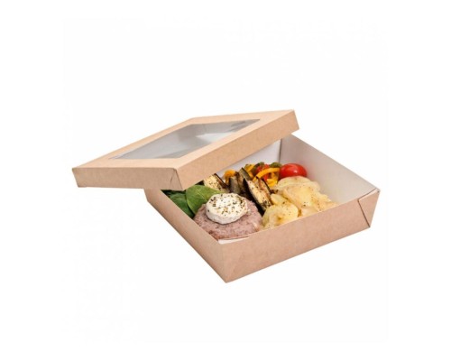 Ланч-бокс с крышкой (с окном), влагостойкий, 750 мл, 14*14*5 см, 25 шт/уп, коричневый ка